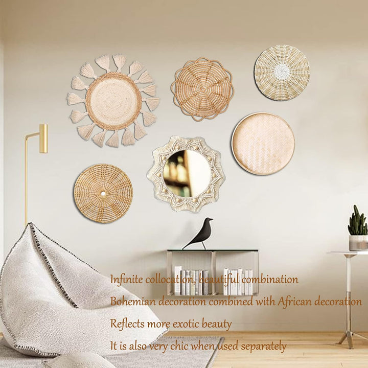 Boho Wandkorb Dekor Set - Flach Gewebter Makramee Tapisserie Spiegel Weiss Runde Quasten Handgemacht