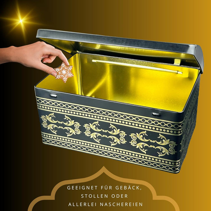 Grosse Ornament Truhe - schwarze Stollendose mit goldfarbenen Ornamenten - lebensmittelecht - Aufbew