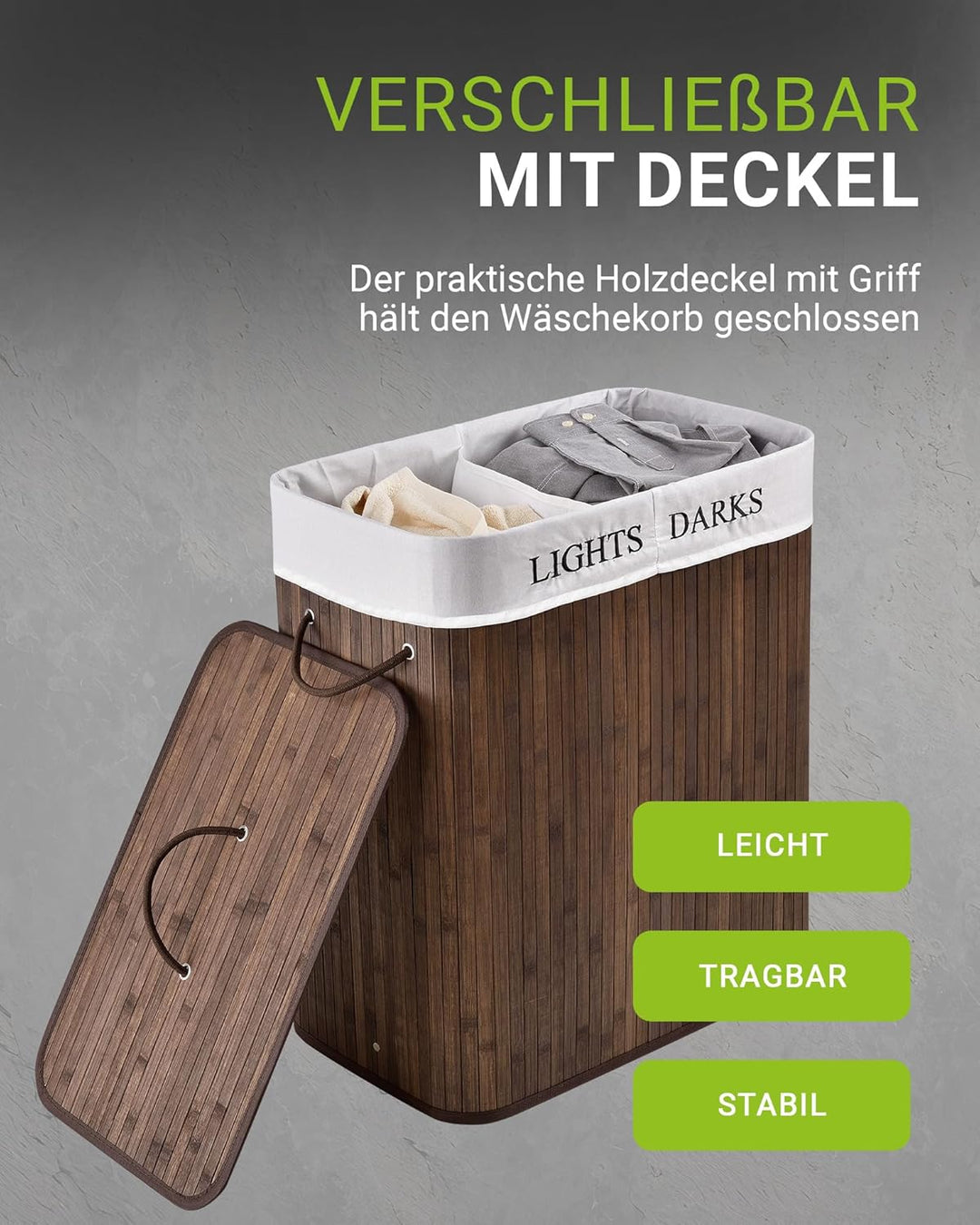 Juskys Bambus Wäschekorb Curly Braun 100L - Hygienischer Wäschekorb mit Deckel, Tragegriff & Wäsches