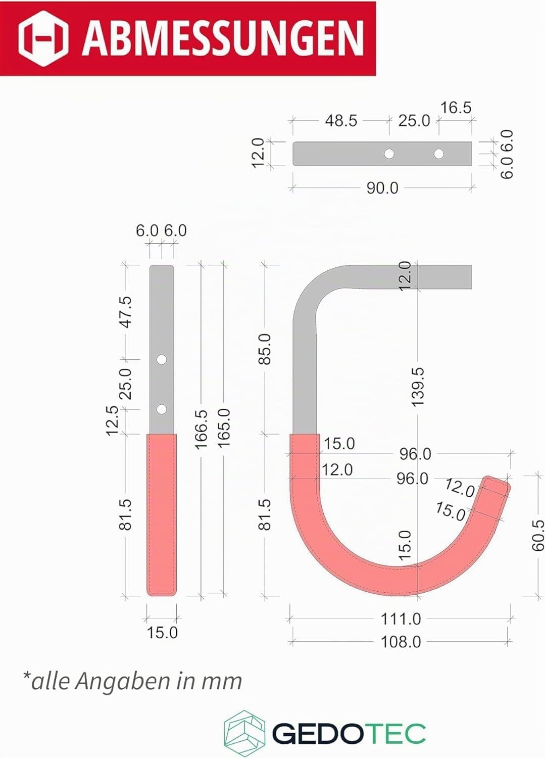Gedotec Wandhalterung - Decken-Wandhaken zum Schrauben Aluminium - rot gummiert | 4 Stück Deckenhake