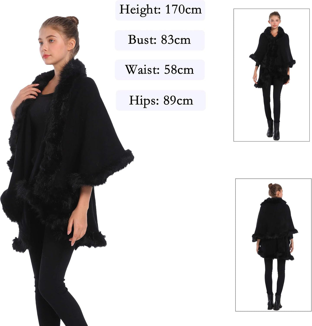 ZLYC Damen Winter Kunstpelz Poncho Strick Schal Stola Warm Cape Cardigan Schwarz, Schwarz
