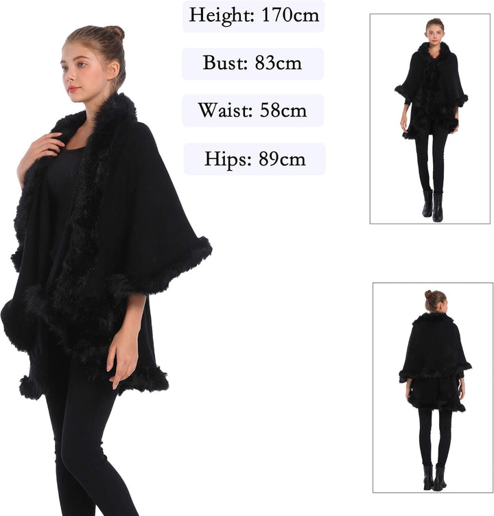 ZLYC Damen Winter Kunstpelz Poncho Strick Schal Stola Warm Cape Cardigan Schwarz, Schwarz