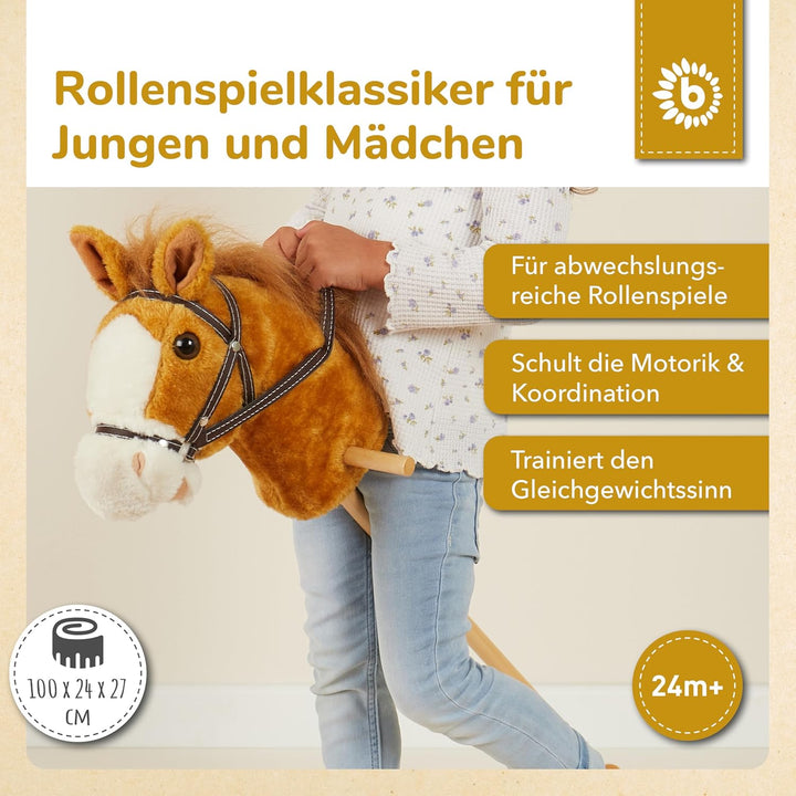 Bieco Steckenpferd Kinder Brownie | ca. 100 cm | Top Qualität | Holzpferd Draussen & Drinnen | Plüsc