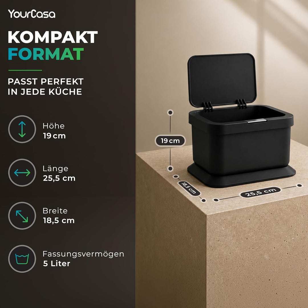 YourCasa Biomülleimer Küche 5L - geruchsdichter Bio Mülleimer mit Deckel &amp; Knopfdruck-Mechanismus -