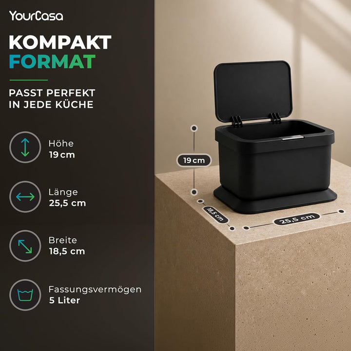 YourCasa Biomülleimer Küche 5L - geruchsdichter Bio Mülleimer mit Deckel &amp; Knopfdruck-Mechanismus -