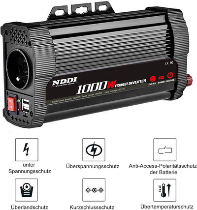 NDDI 1000W Spannungswandler Stromumwandler DC 12V auf AC 230V mit Dual-USB-Anschluss, Wechselrichter