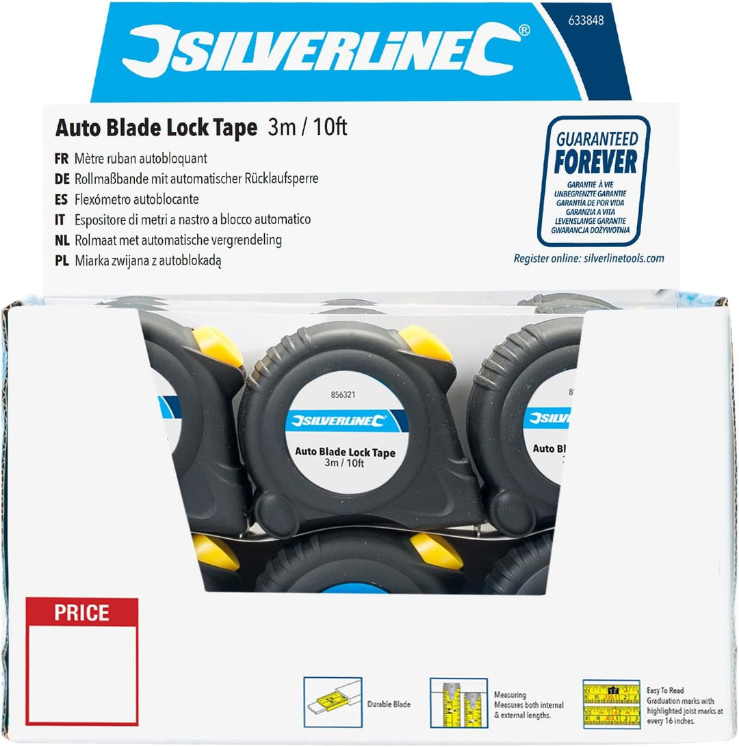 Silverline 633848 Rollbandmass mit automatischer Rücklaufsperre, Verkaufsdisplay 3 m x 16 mm, 30 Stc