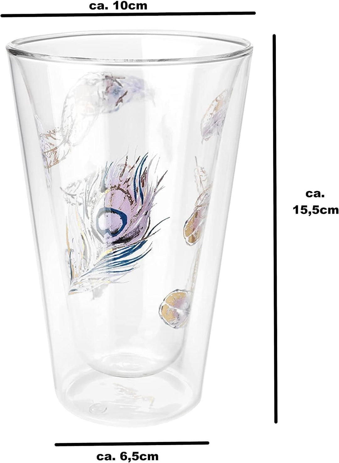 Montepreti Design Latte Macchiato Gläser Pfauenfeder, XXL 450ml, grosses doppelwandiges Borosilikatg