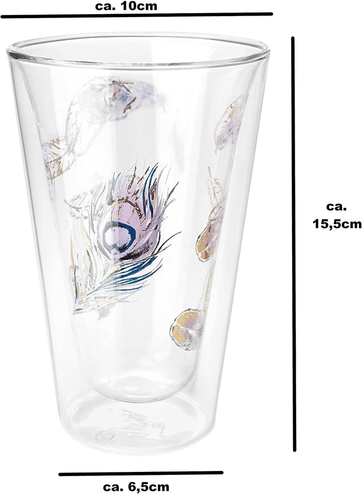 Montepreti Design Latte Macchiato Gläser Pfauenfeder, XXL 450ml, grosses doppelwandiges Borosilikatg