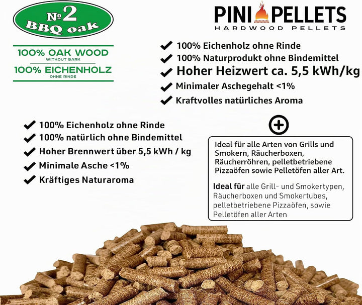 PINI Grillpellets 15 KG – Holzpellets 100% Eiche №2 zum Grillen, Räuchern, Smoken auch für pelletbet
