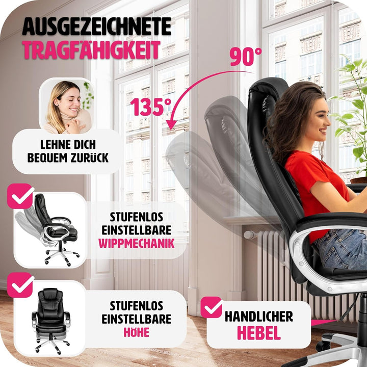 tectake Chefsessel, Bürostuhl ergonomisch, Drehstuhl mit Rollen, Gaming Stuhl, hohe Rückenlehne und