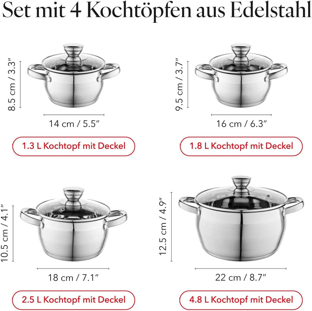 FLORINA Kochtopf Set OLIVER | 4-teilig | Edelstahl 18/0 | Glasdeckel gehärtet | Für Induktion, Gas,