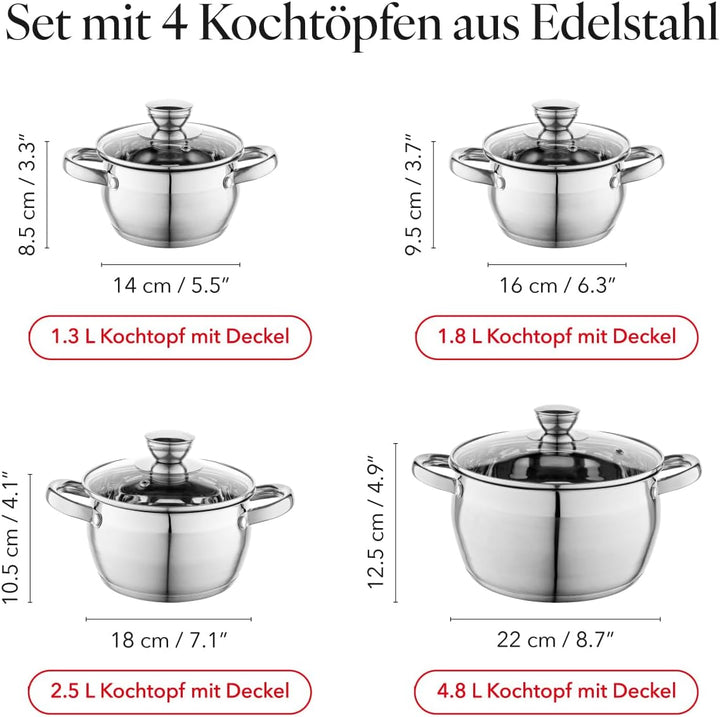 FLORINA Kochtopf Set OLIVER | 4-teilig | Edelstahl 18/0 | Glasdeckel gehärtet | Für Induktion, Gas,
