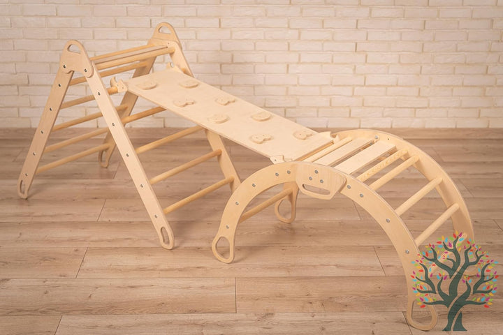 WoodsCraft 4in1 Set: Grosse Kletterbogen mit Kissen & Kletterdreieck mit 2in1: Rutsche Indoor/Klette