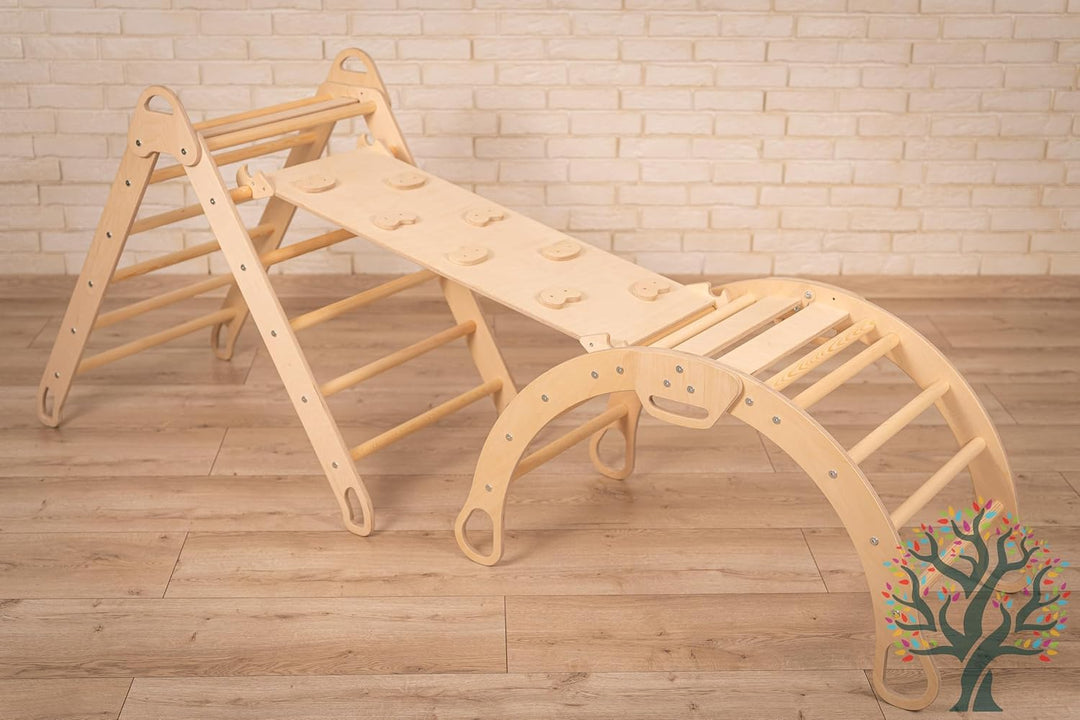 WoodsCraft 5in1 Set: Grosse Kletterbogen mit Kissen, Kinderzelt Indoor & Kletterdreieck mit 2in1: Ru