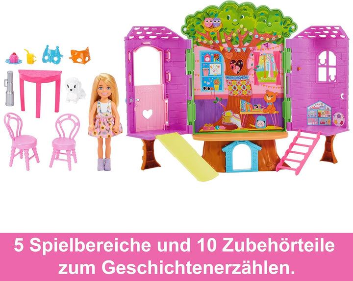Barbie - Chelsea-Puppe und Baumhaus-Spielset mit Hündchen mit Möbeln, Rutsche und mehr als 10 Zubehö
