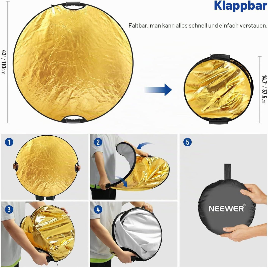NEEWER 43"/110cm Lichtreflektor mit Handgriff mit 3/8" Gewinde, 5 in 1 Faltscheibe Lichtdiffusor Dur