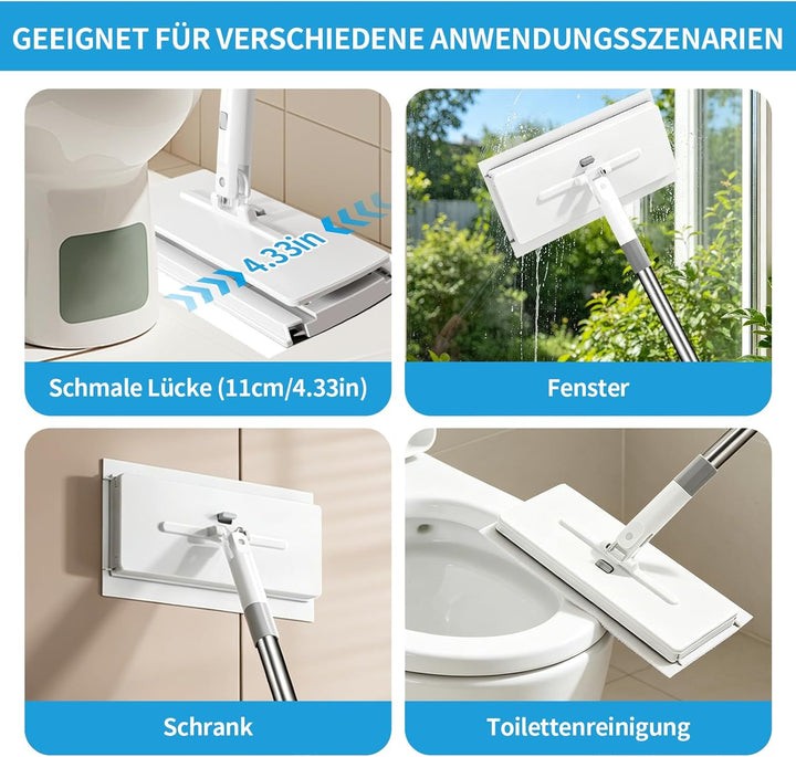 Wischmopp mit Druck-Klemm-System, Mini Mopp mit Automatischem Tuchwechsel, 1-Knopf-Wechsel, Automati