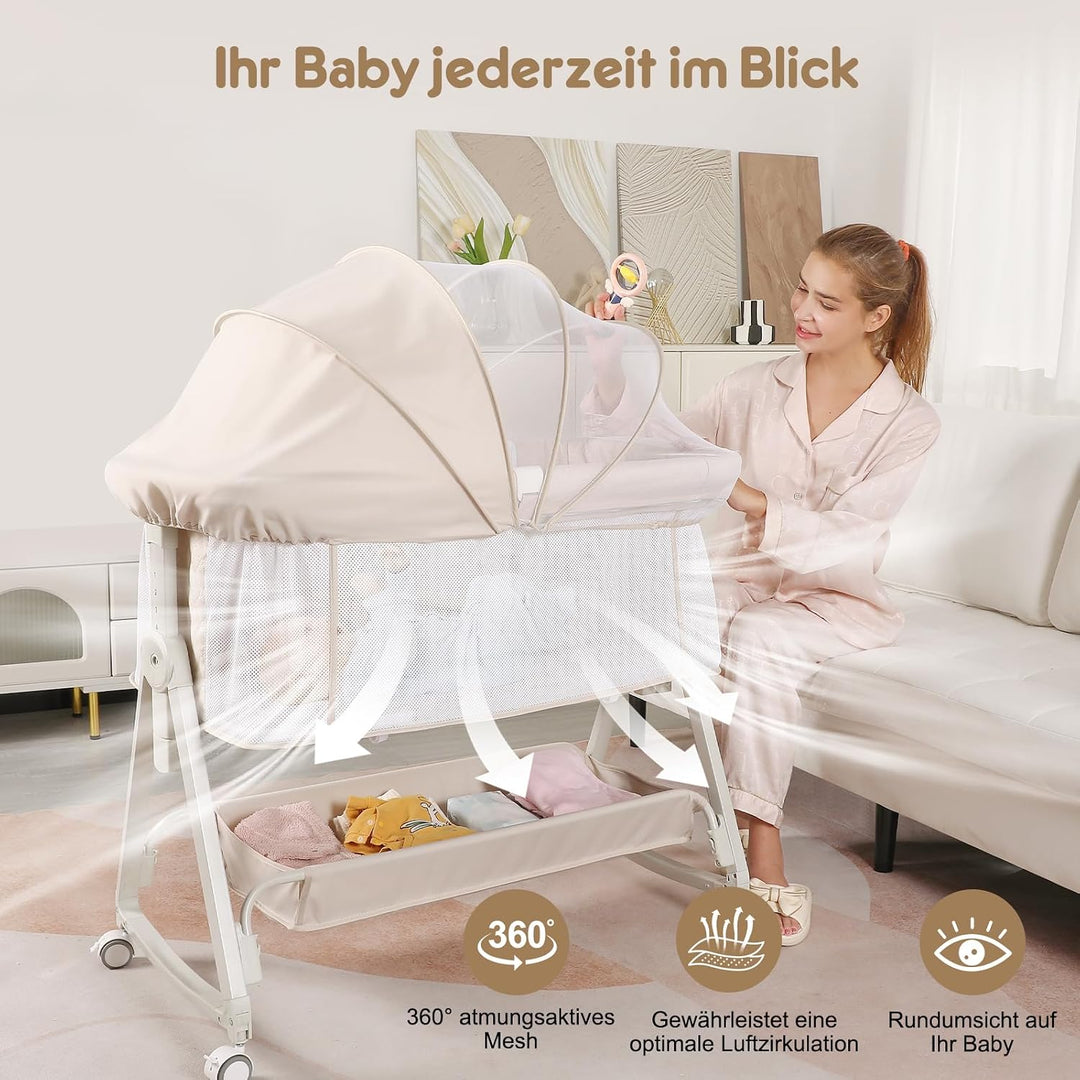 Baby Beistellbett 4-in-1 mit Wiegefunktion, Stubenwagen, 6-Fach Höhenverstellbar, 360° Atmungsaktive