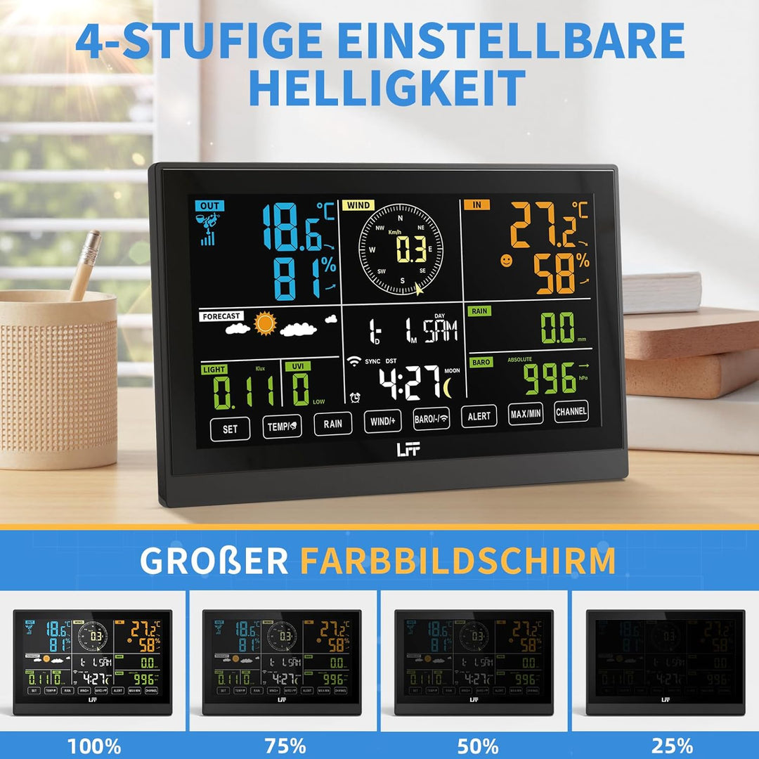 LFF WLAN 7-In-1 Wetterstation Funk mit Aussensensor, 7,5 Zoll Display,Wetterstation mit Smart Life-A