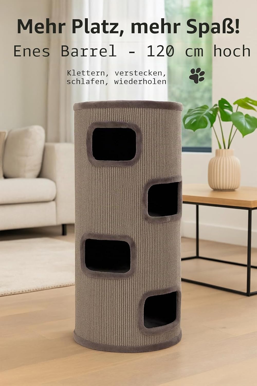 kratztonne für Katzen – Flamingo Enes S – 56 cm – Ø 42 cm – Sisal & Plüsch – kompakt Grau 56 cm – Ø
