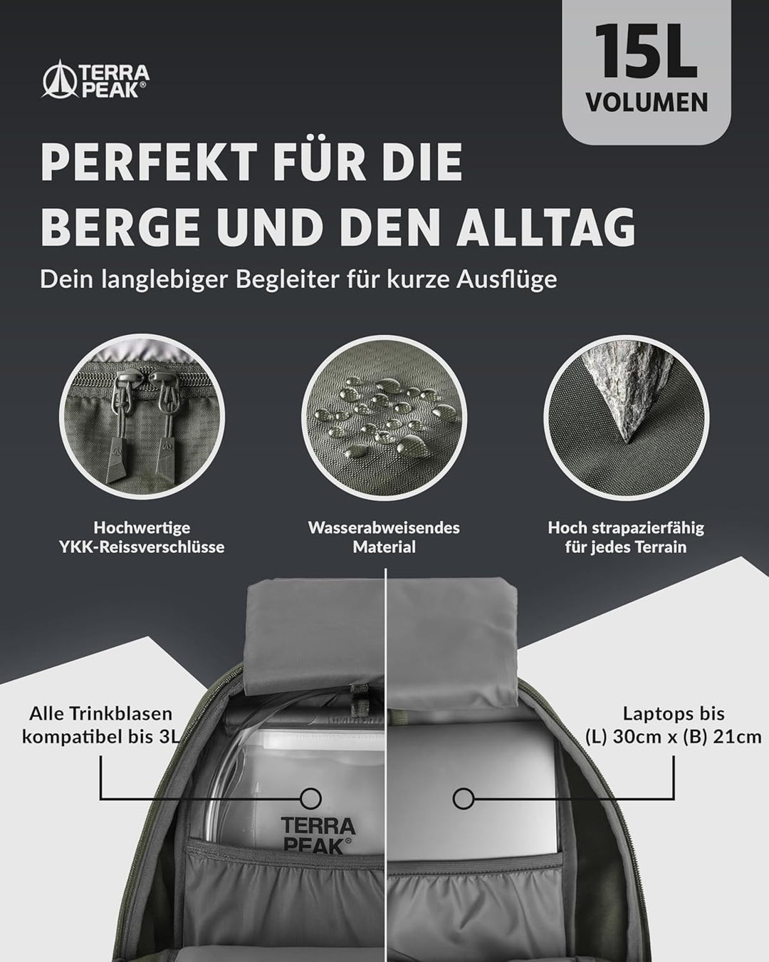 Terra Peak® Premium Wanderrucksack 15L (AREN) für Damen & Herren klein & extra leicht mit Rückenbelü