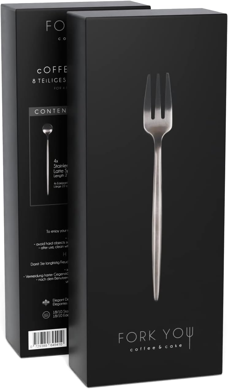 FORK YOU Dessertbesteck Set Schwarz Matt (8 -teilig) Kuchengabel & Latte Macchiato Löffel, rostfreie