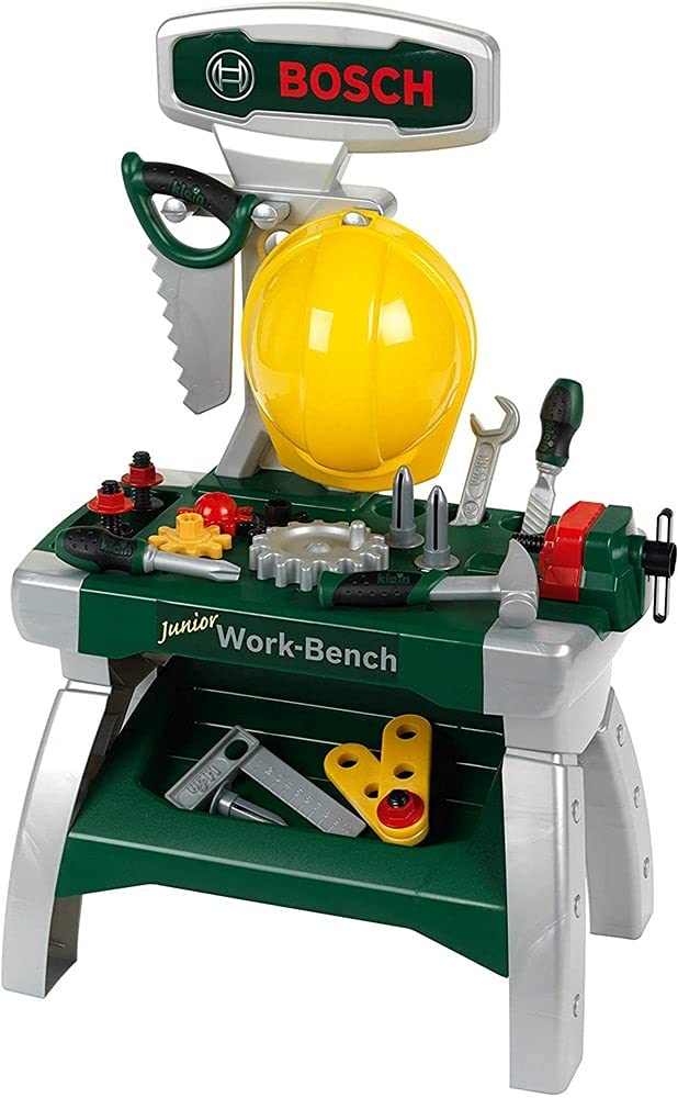 Klein Theo 8612 Bosch Werkbank Junior 2+ | Inkl. Helm, Schraubstock, Werkzeugen, Latten, Nägel, Schr