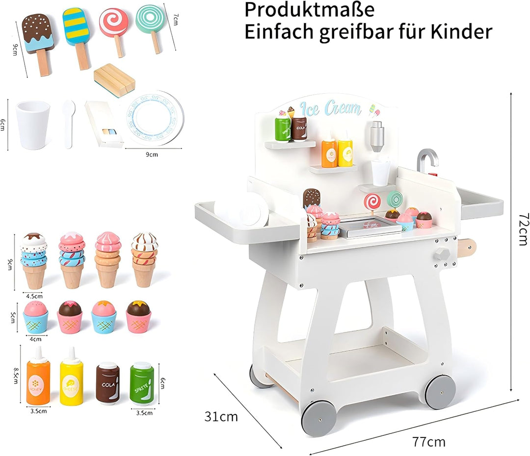 Eisdiele Kinder Holz Eisladen Spielzeug ab 3 Jahre Eiswagen kaufmannsladen mit 8 Eiscreme, 4 EIS am