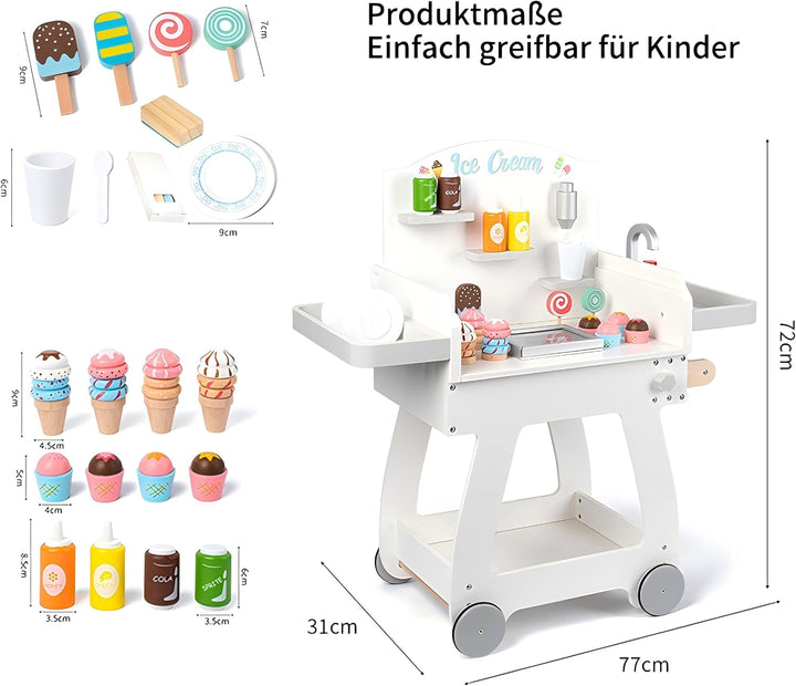 Eisdiele Kinder Holz Eisladen Spielzeug ab 3 Jahre Eiswagen kaufmannsladen mit 8 Eiscreme, 4 EIS am