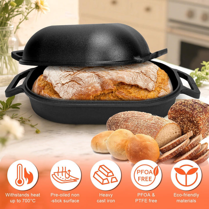 GFTIME Gusseisen Topf 40cm Brot Backen, Brotbackform mit Deckel - Robuste Brotbackform mit Deckel -
