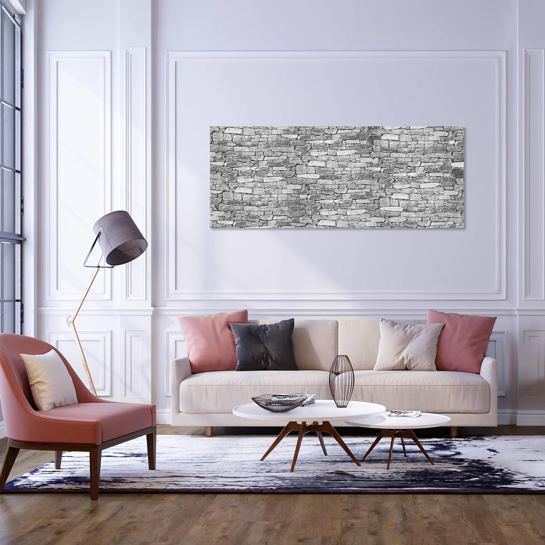 wandmotiv24 Leinwandbild Natursteinmauer Grau 100x40cm (BxH) Bilder auf Leinwand, Dekoration Wohnung