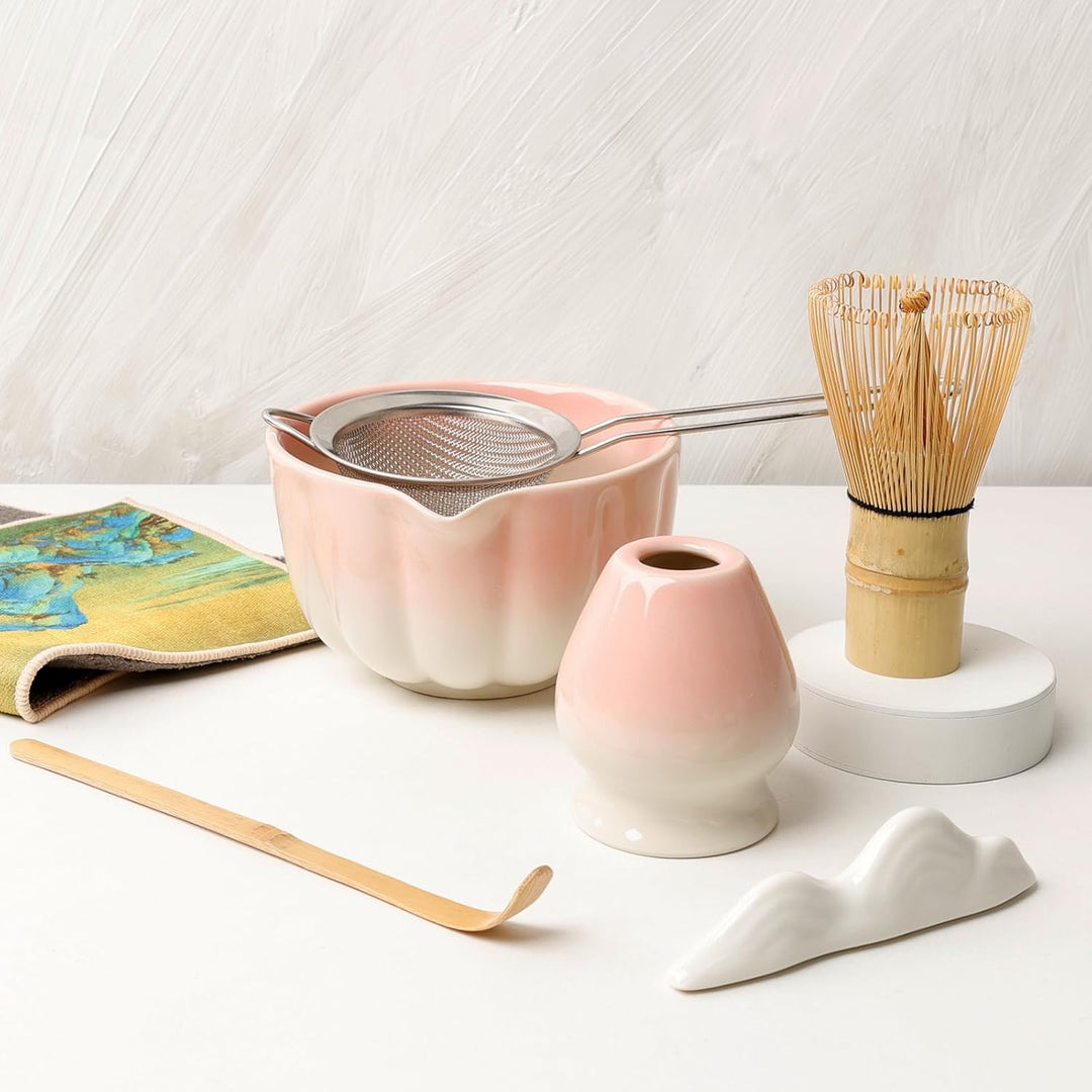 Traditionelles Japanisches Matcha Tee Zeremonie Set, 7-teilig, Bambus Besen, Keramik Schale mit Ausl