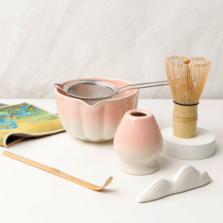 Traditionelles Japanisches Matcha Tee Zeremonie Set, 7-teilig, Bambus Besen, Keramik Schale mit Ausl