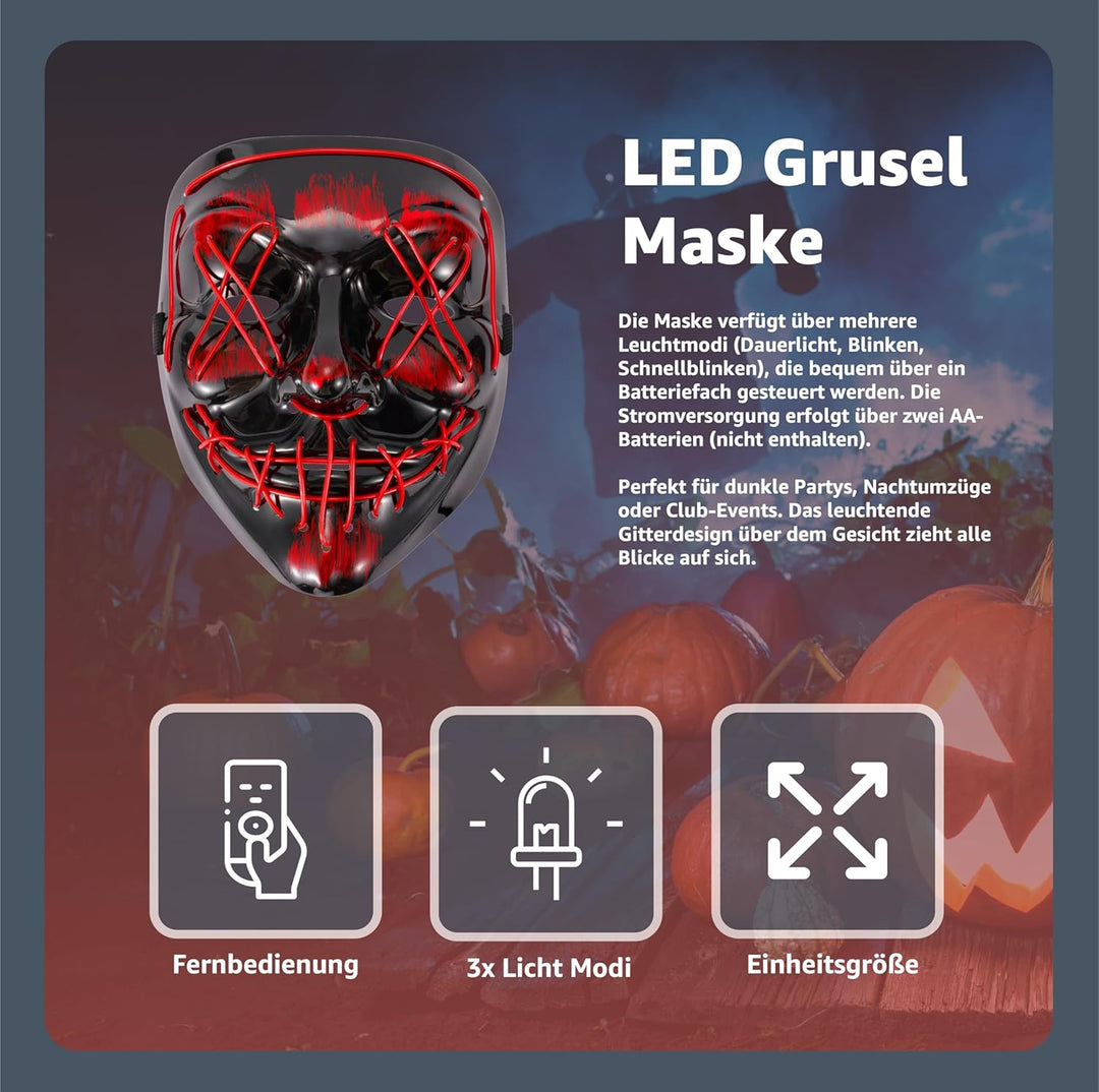 TK Gruppe Timo Klingler Kostümheld® 10x LED Grusel Maske rot - wie aus Purge steuerbar, für Hallowee