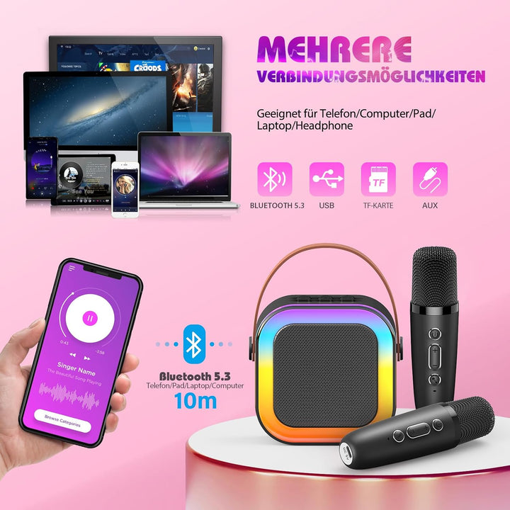 Dislocati Karaoke Maschine mit 2 Karaoke Mikrofon Bluetooth, Geschenk Spielzeug Junge 3-12 Jahre Tra