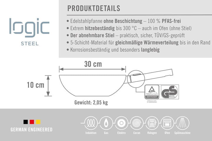 Woll Logic Steel Wok- und Rührpfanne - Induktiv -, Ø 30 cm, 10 cm hoch, mit abnehmbaren Stiel - Geei