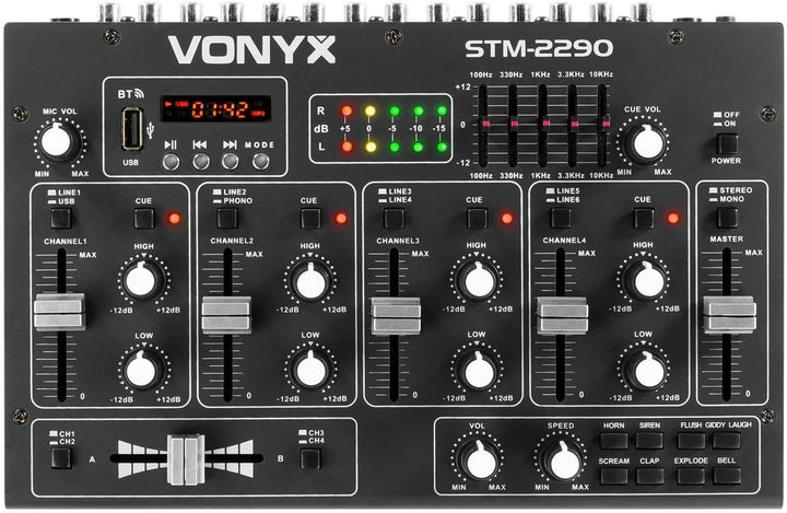 Vonyx STM2290 8-Kanal DJ Mischpult Bluetooth, DJ Mixer, Audio Mixer mit USB MP3 Player, Audio Mischp