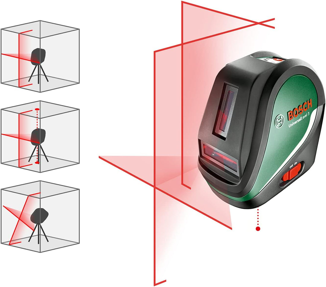 Bosch Kreuzlinienlaser UniversalLevel 3 mit Stativ (3 Laserlinien inkl. vertikaler Linie im 90°-Wink