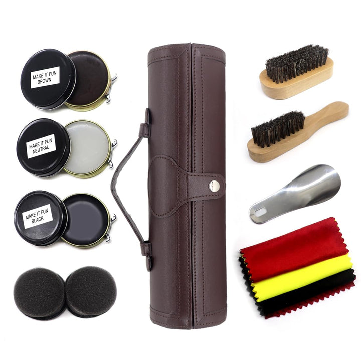 12pcs Shoe Polish & Care Kit - Leather Shoe Shine Kit with Brown Black Wax, Shoe Brushes for Polishi