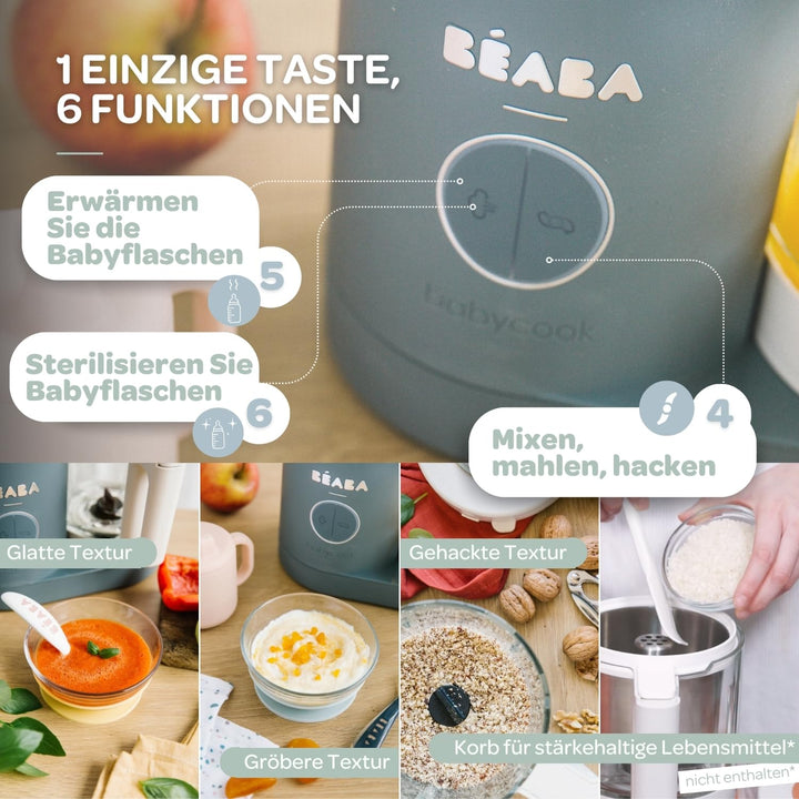 Béaba - Babycook Neo - 6 in 1 Babynahrungszubereiter - Schonender Dampfgarer - Glaskrug und Garkorb