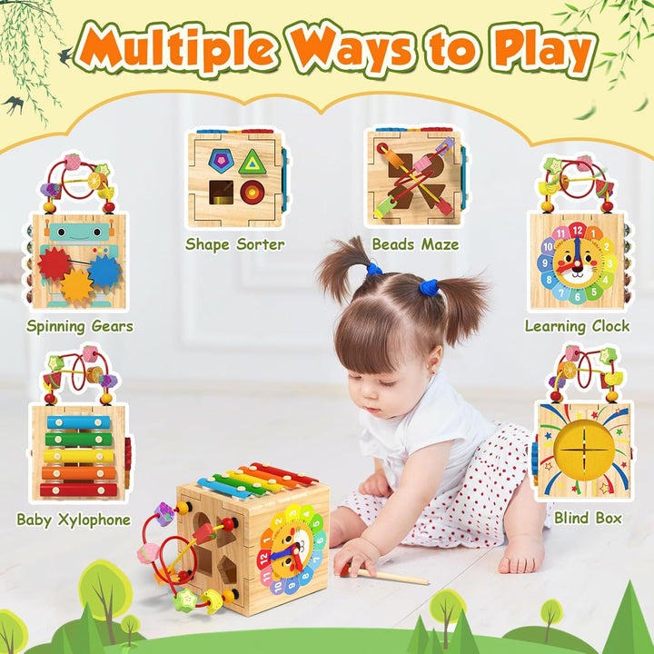 XIAPIA Montessori Aktivitätswürfel ab 1 Jahr, 7-in-1 Baby Lernspielzeug aus Holz mit Xylophon Sortie