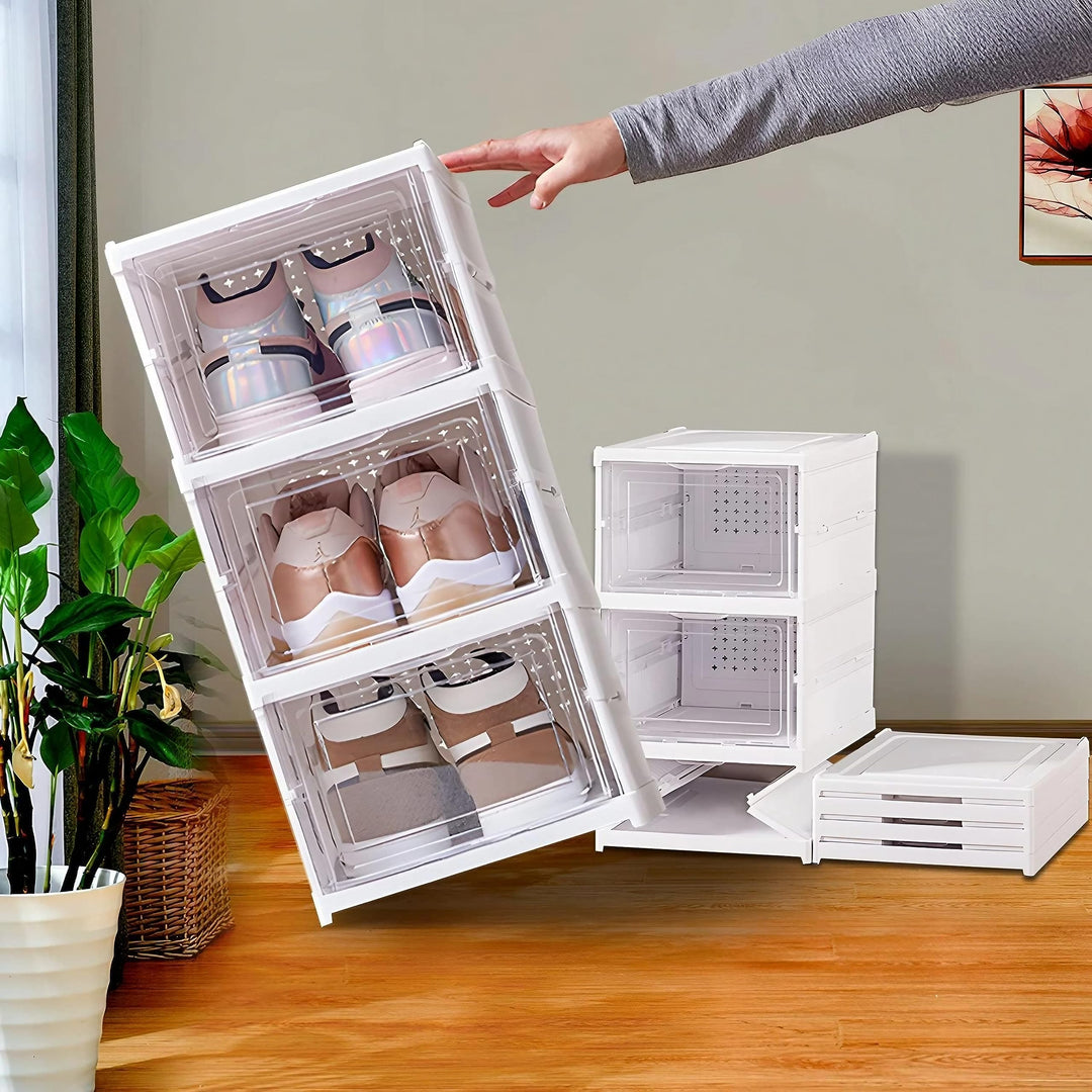 GUDEMAY Schuhboxen - Faltbare Schuhschrank mit transparent Türen - Kunststoff Schuhregal stapelbar u