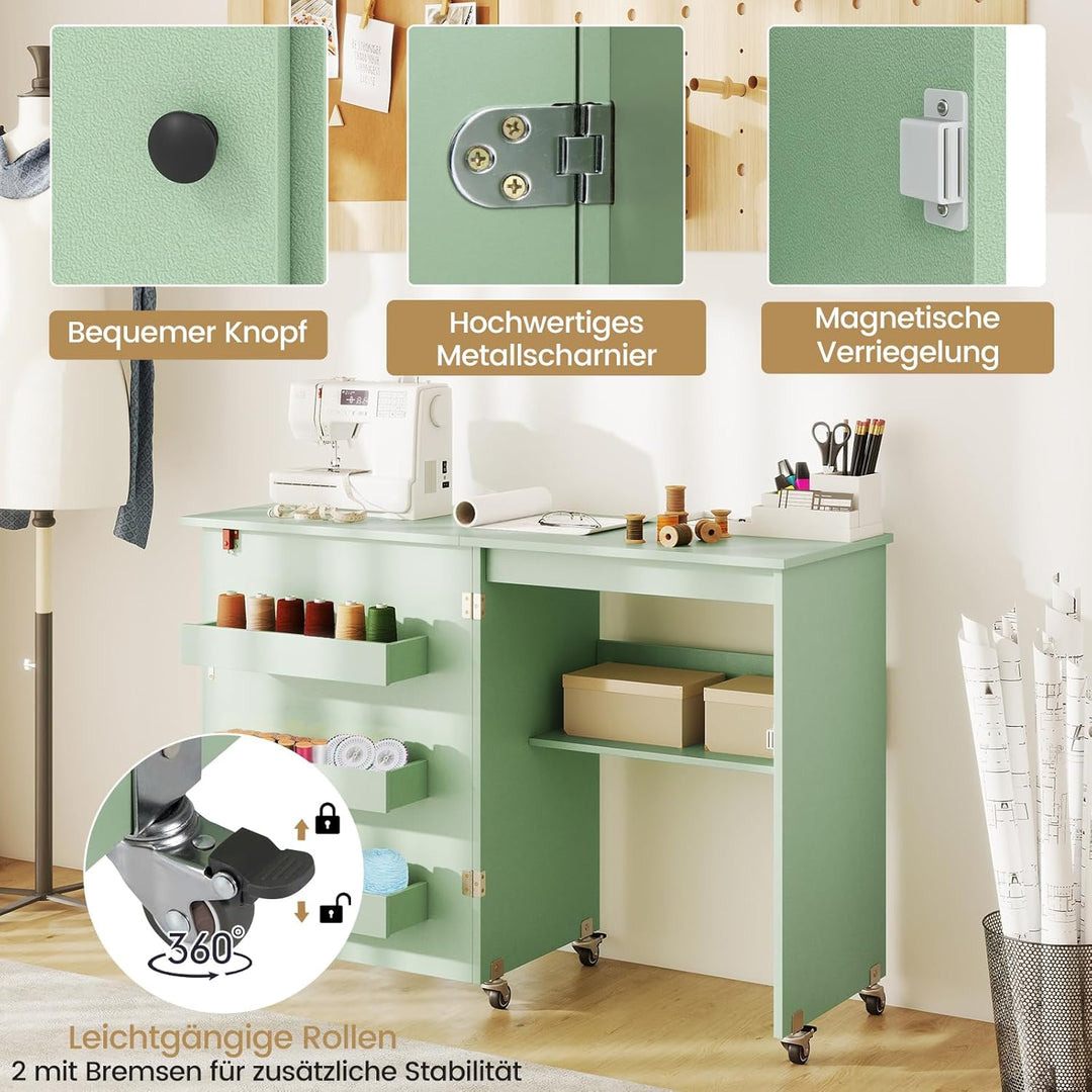 COSTWAY 2 in 1 Nähtisch klappbar, Nähmaschinenschrank Holz mit Regalen & Ablagefach, Nähschrank mit