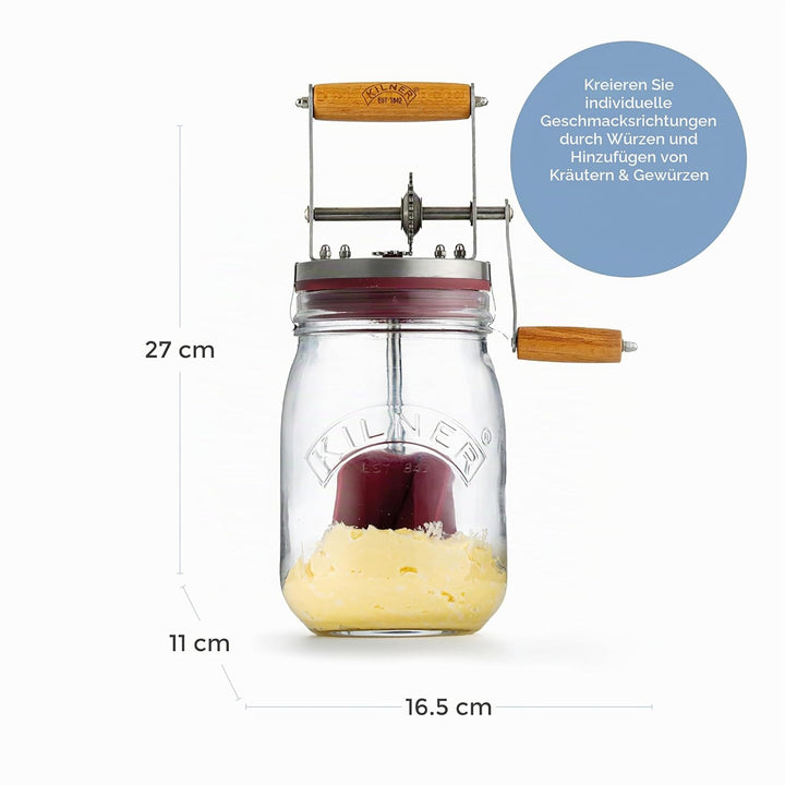 Kilner Butterfass Glas mit Handkurbel, manuelle Handkurbel und Silikonmixer, 1L, Öffnung: 7,2 cm, 16