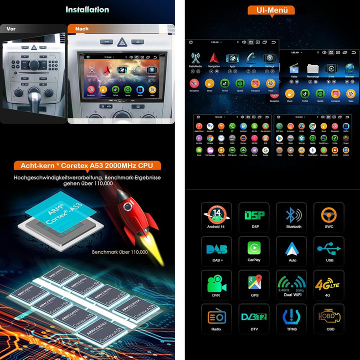 Erisin 8-Kern 4GB+64GB Android 14 GPS Autoradio Bluetooth Navigation für Opel Antara Astra H Corsa C