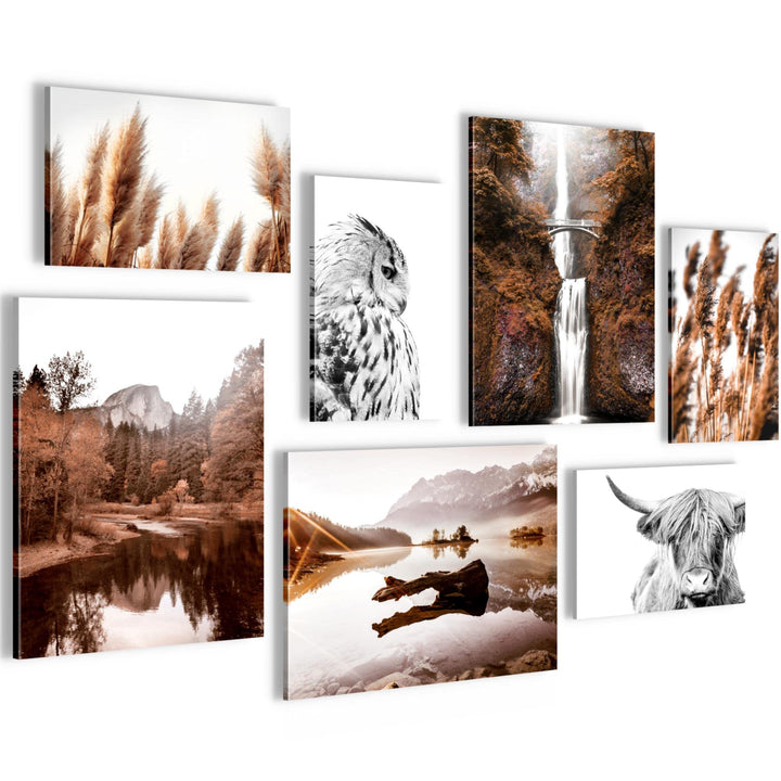 Novart Wandbilder Natur Berge See - KOMPLETT AUFHÄNGFERTIG - Orange Braun Wohnzimmer Schlafzimmer -