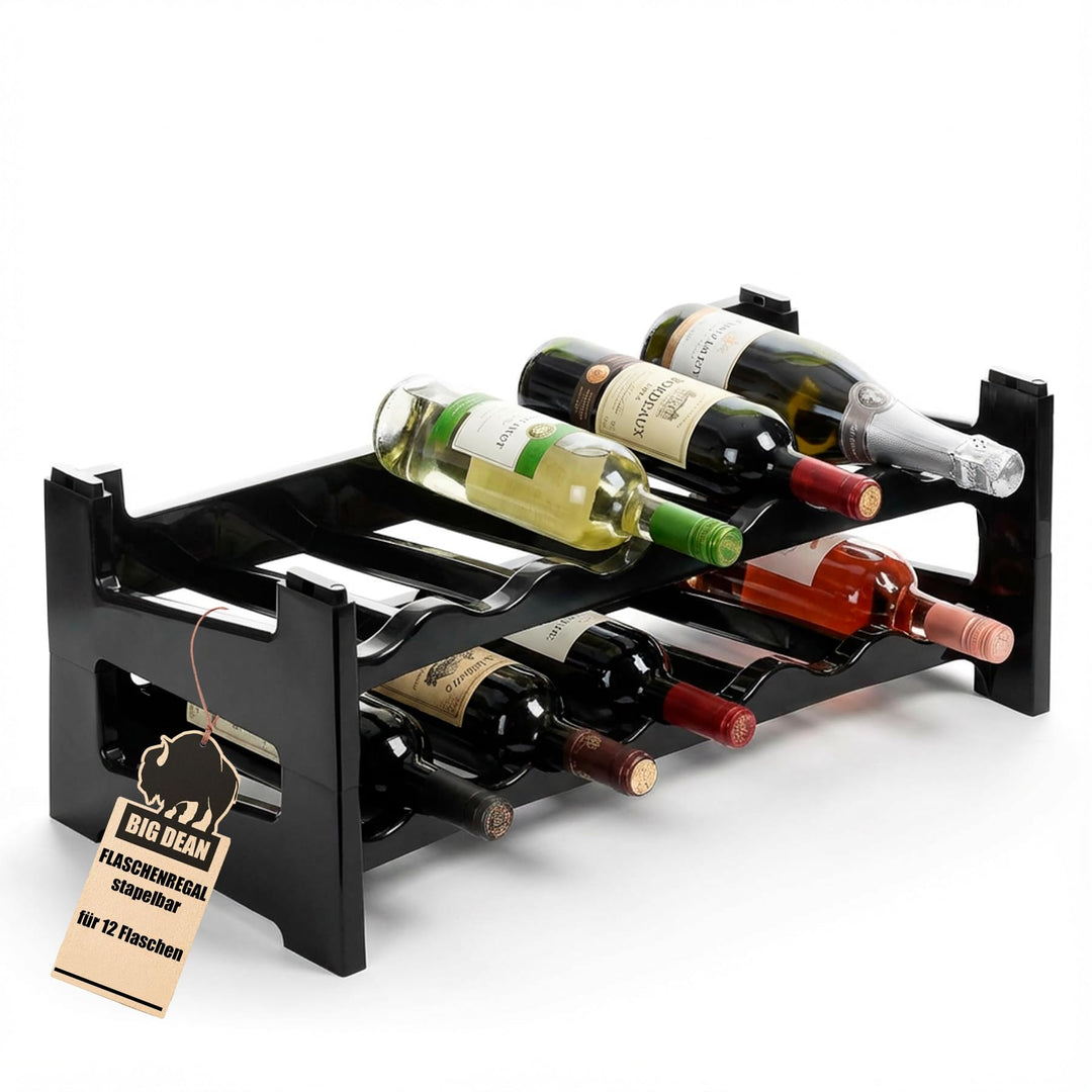 BigDean Flaschenregal stapelbar für 12 Flaschen Weinregal aus Kunststoff Schwarz Getränkeregal Flasc