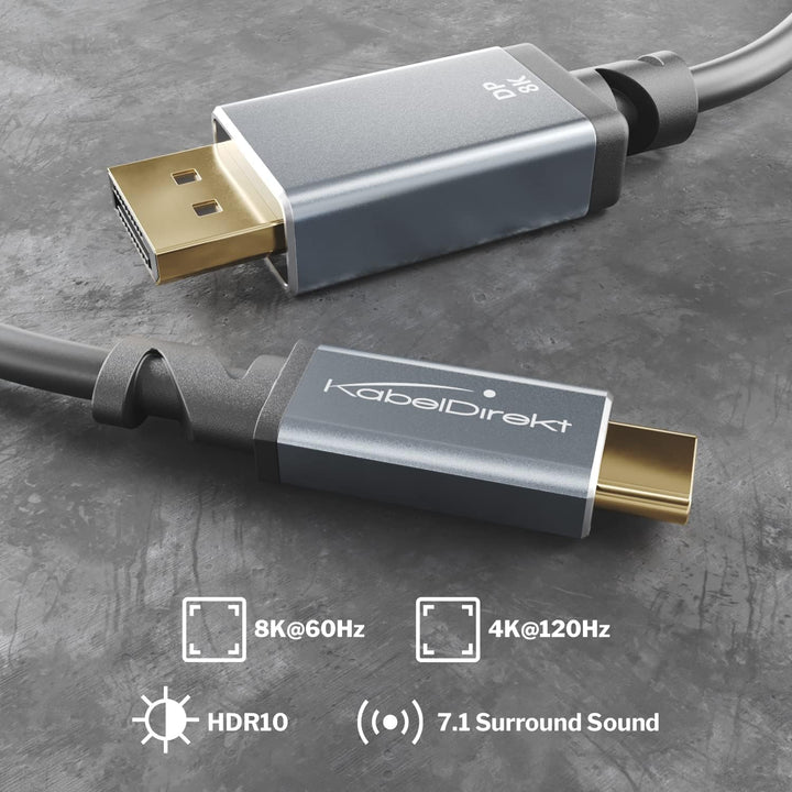 KabelDirekt – 8K USB C auf DisplayPort 1.4 Adapter Kabel mit bruchfesten Vollmetall-Steckern – 1,8 m