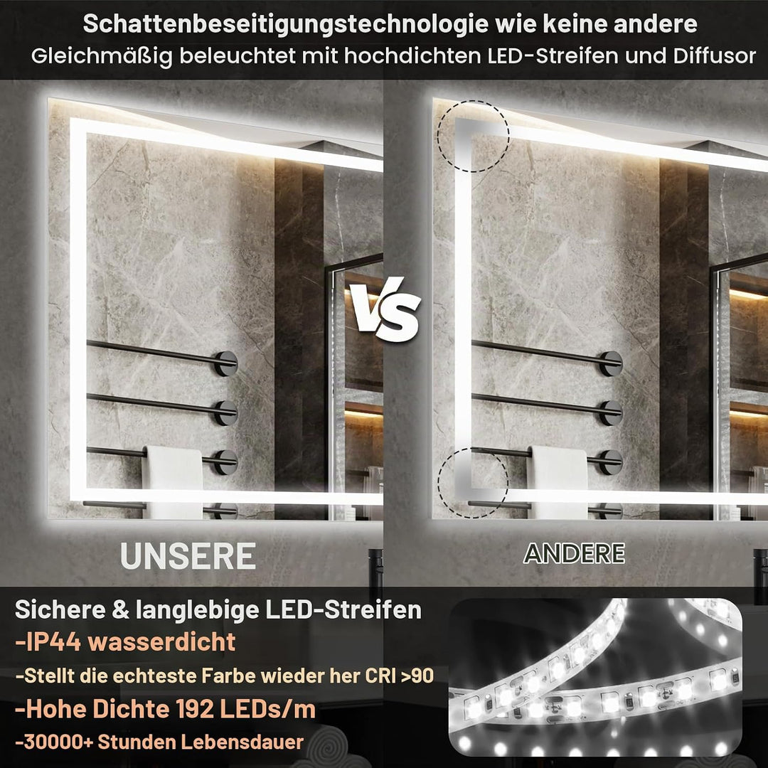 60x100cm Badspiegel mit Beleuchtung LED, Spiegel mit Light, Wandspiegel mit Frontbeleuchtung, Antibe